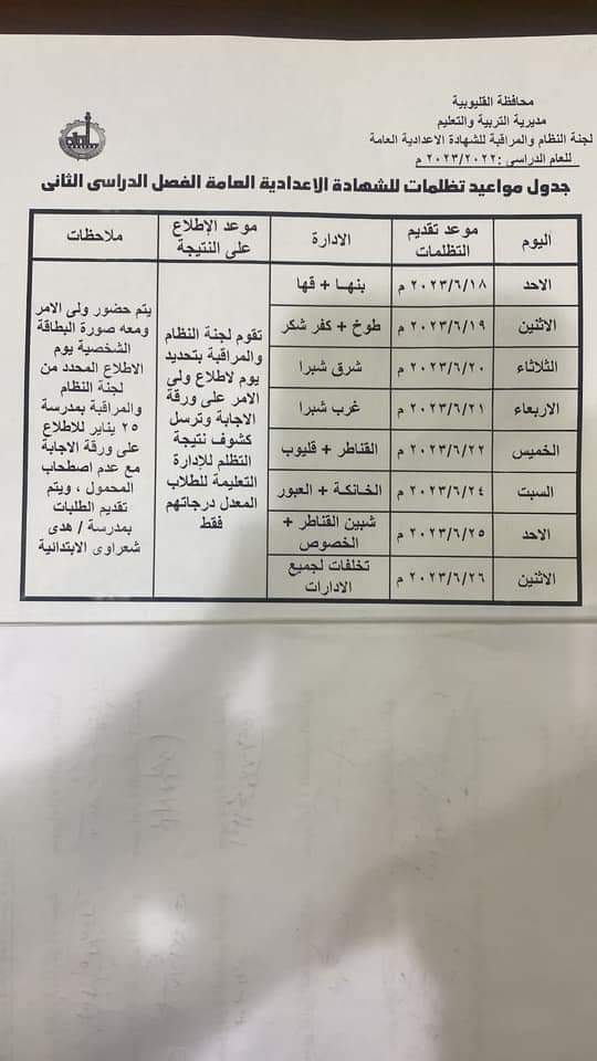 ننشر جدول تظلمات الشهادة الإعدادية بالقليوبية