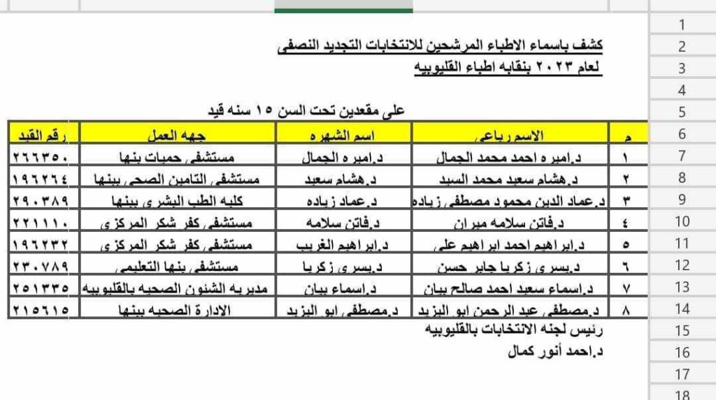 قوائم المرشحين لانتخابات للتجديد النصفي لأطباء القليوبية قوائم المرشحين لانتخابات للتجديد النصفي لأطباء القليوبية