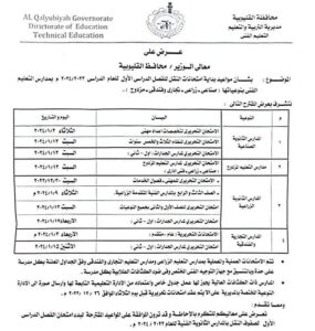 مواعيد بداية امتحانات النقل للفصل الدراسي الأول في مدارس التعليم الفني