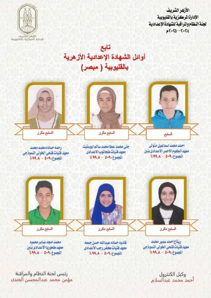 أسماء أوائل الشهادة الإعدادية الأزهرية 2025 في القليوبية - صور