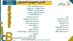 مديرية العمل بالقليوبية تعلن عن وظائف جديدة ضمن النشرة القومية للتشغيل