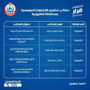 الصحة بالقليوبية تعلن عن 10 أماكن لتلقي لقاح الإنفلونزا الموسمية 2025