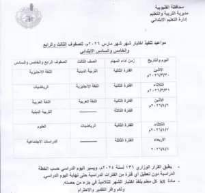 تعديل جداول امتحانات مارس بالقليوبية بعد تعطيل الدراسة بسبب سوء الأحوال الجوية