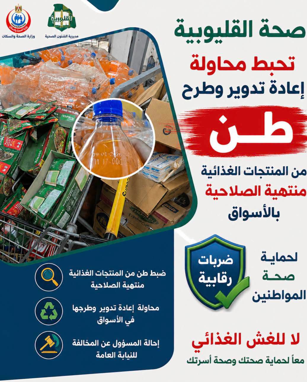 صحة القليوبية تضبط طن أغذية منتهية الصلاحية قبل إعادة تدويرها وطرحها بالأسواق.. وإحالة المسؤول للنيابة