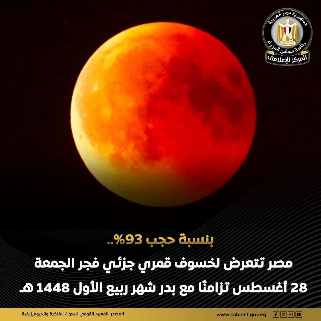 خسوف جزئي للقمر يزين سماء مصر فجر الجمعة 28 أغسطس.. 93% من قرص القمر داخل ظل الأرض خسوف جزئي للقمر يزين سماء مصر فجر الجمعة 28 أغسطس.. 93% من قرص القمر داخل ظل الأرض
