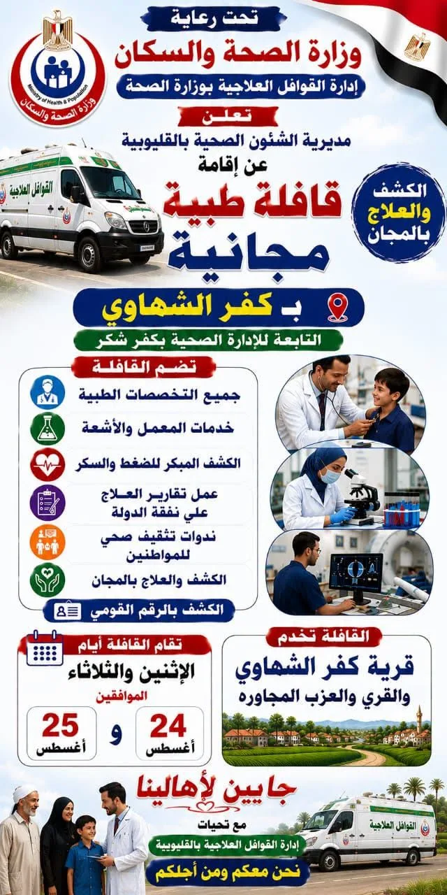قافلة طبية مجانية تصل لأهالي كفر الشهاوي بكفر شكر.. الكشف والعلاج بالمجان قافلة طبية مجانية تصل لأهالي كفر الشهاوي بكفر شكر.. الكشف والعلاج بالمجان