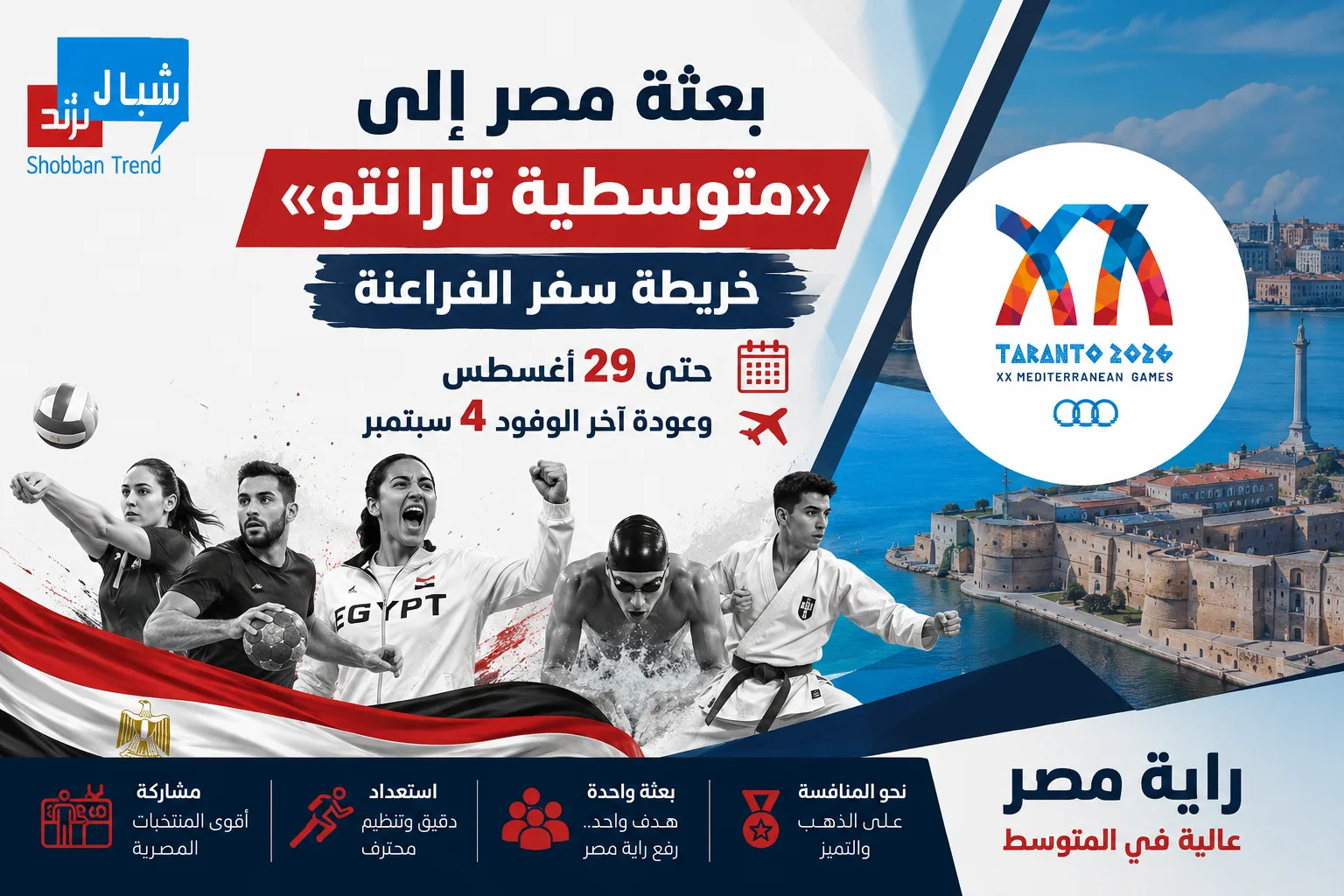 بعثة مصر إلى «متوسطية تارانتو».. خريطة سفر الفراعنة حتى 29 أغسطس وعودة آخر الوفود 4 سبتمبر بعثة مصر إلى «متوسطية تارانتو».. خريطة سفر الفراعنة حتى 29 أغسطس وعودة آخر الوفود 4 سبتمبر