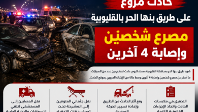 مصرع شخصين وإصابة 4 آخرين في تصادم عدة سيارات على طريق بنها الحر بالقليوبية