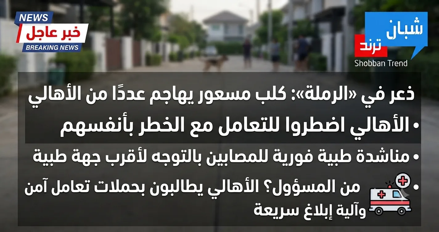 كلب مسعور يثير الذعر في «الرملة».. إصابة عدد من الأهالي وسط مطالبات بسرعة التحرك كلب مسعور يثير الذعر في «الرملة».. إصابة عدد من الأهالي وسط مطالبات بسرعة التحرك