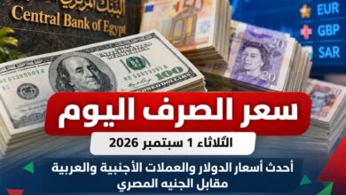سعر الصرف اليوم الثلاثاء 1 سبتمبر 2026.. أحدث أسعار الدولار والعملات مقابل الجنيه المصري