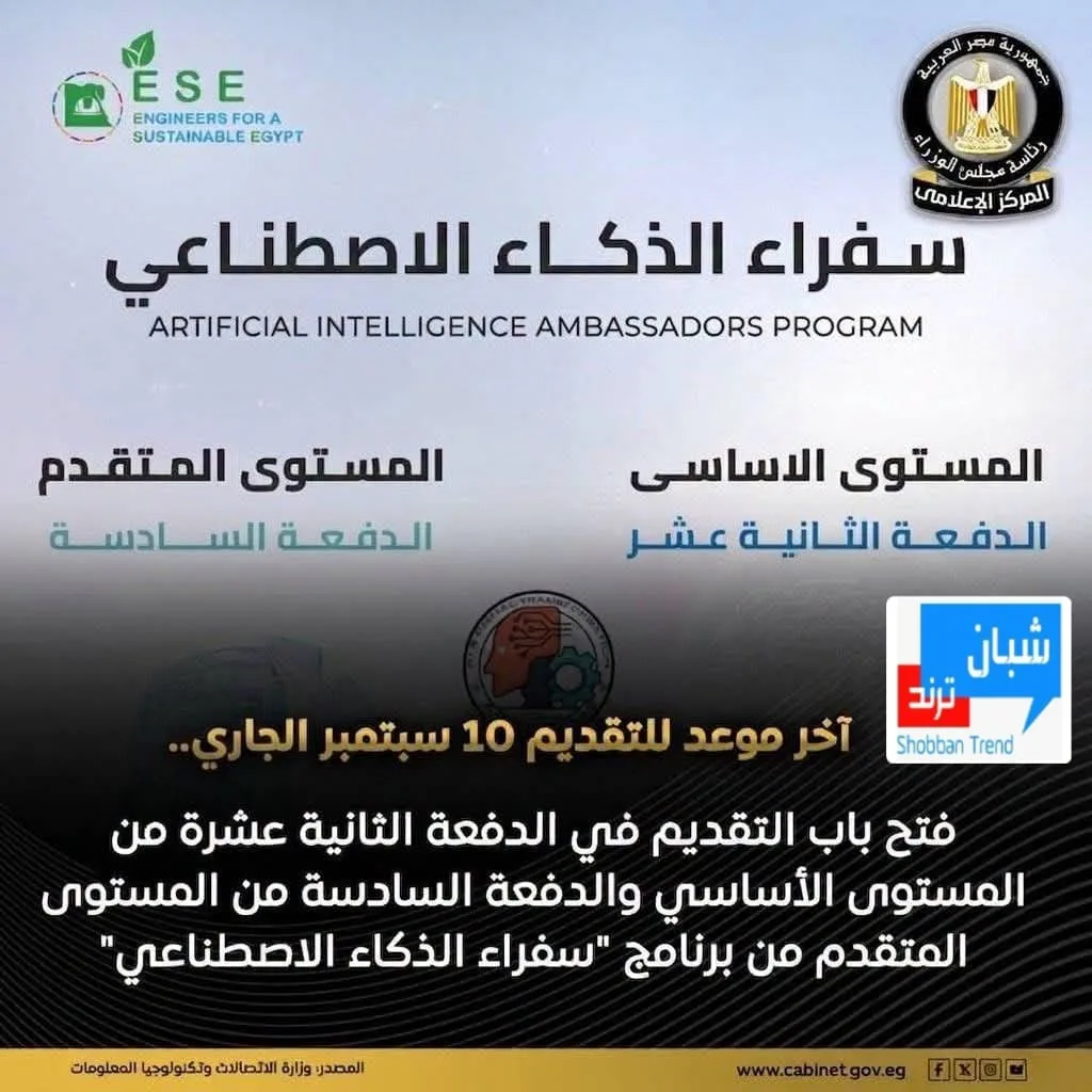 «الاتصالات» تفتح باب التقديم للدفعة الجديدة من برنامج «سفراء الذكاء الاصطناعي» «الاتصالات» تفتح باب التقديم للدفعة الجديدة من برنامج «سفراء الذكاء الاصطناعي»
