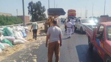 انقلاب حمولة «جامبو» أعلى كوبري قها.. ورفع آثار الحادث دون إصابات