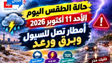 حالة الطقس اليوم الأحد 11 أكتوبر 2026.. تحذيرات من أمطار رعدية وسيول في عدد من المناطق حالة الطقس اليوم الأحد 11 أكتوبر 2026.. تحذيرات من أمطار رعدية وسيول في عدد من المناطق