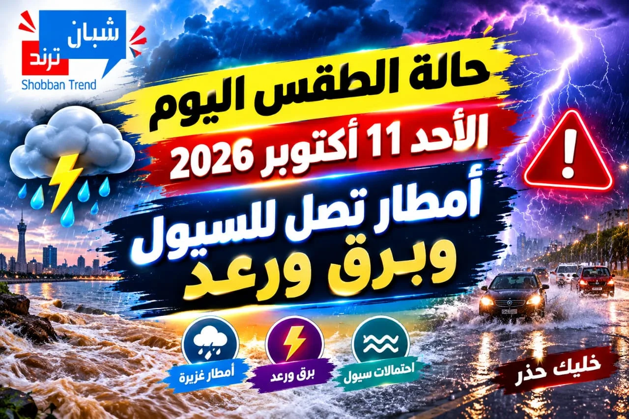 حالة الطقس اليوم الأحد 11 أكتوبر 2026.. تحذيرات من أمطار رعدية وسيول في عدد من المناطق حالة الطقس اليوم الأحد 11 أكتوبر 2026.. تحذيرات من أمطار رعدية وسيول في عدد من المناطق